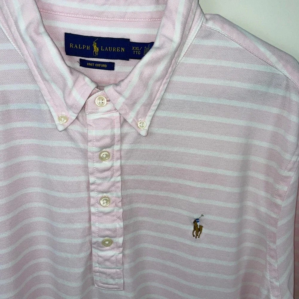 Ralph Lauren‎ Knit Oxford Polo Shirt Mens XXL Pink White Striped Short Sleeve